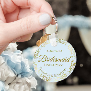 Gold Frills on Pale Blue Bridesmaid Wedding Gift Key Ring