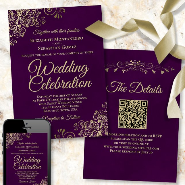 Gold Frills on Plum Purple Elegant QR Code Wedding Invitation (Creator Uploaded)