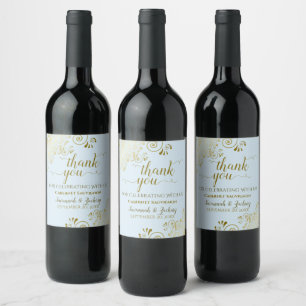 Gold Frills on Powder Blue Wedding Thank You Wine Label