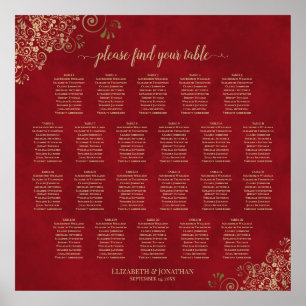 Gold Frills on Red 22 Table Wedding Seating Chart