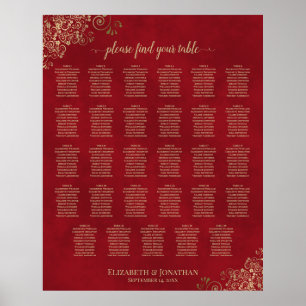 Gold Frills on Red 29 Table Wedding Seating Chart