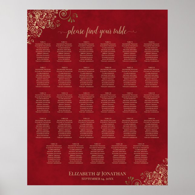 Gold Frills on Red 29 Table Wedding Seating Chart (Front)