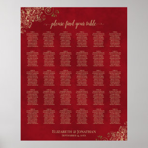 Gold Frills on Red 30 Table Wedding Seating Chart