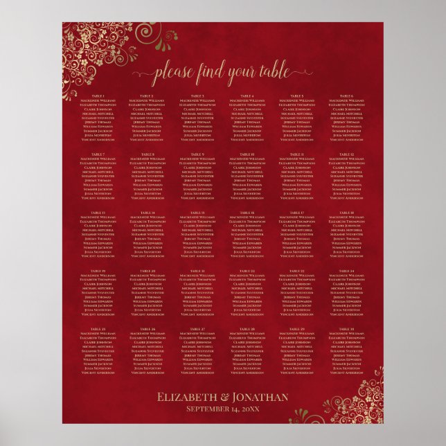 Gold Frills on Red 30 Table Wedding Seating Chart (Front)