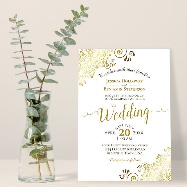 Gold Frills on White Elegant Calligraphy Wedding Invitation (Creator Uploaded)
