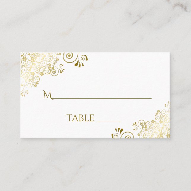 Gold Frills on White Elegant Wedding Escort Card (Front)