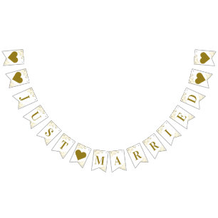 Gold Frills on White Just Married Newlyweds Bunting