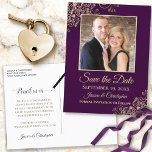 Gold Frills Photo Purple Save the Date Wedding Announcement Postcard<br><div class="desc">Let your friends and family know to save the date for your upcoming wedding with this simple yet elegant postcard. It features a beautiful design with gold text on a deep plum purple background, and your photo surrounded by lacy gold curls and swirls. The back has a cute graphic reading...</div>