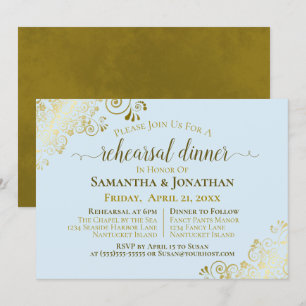 Gold Frills Powder Blue Wedding Rehearsal & Dinner Invitation