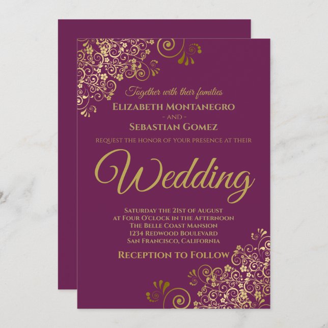 Gold Frills Simple Chic Cassis Purple Wedding Invitation (Front/Back)