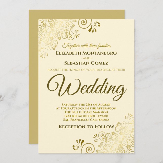 Gold Frills Simple Chic Cream Wedding Invitation (Front/Back)