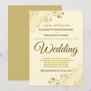 Gold Frills Simple Chic Cream Wedding Invitation