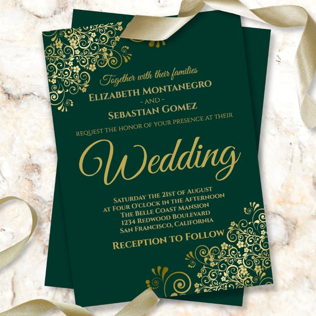 Gold Frills Simple Chic Emerald Green Wedding Invitation (Creator Uploaded)