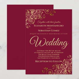 Gold Frills Simple Chic Maroon Burgundy Wedding Invitation