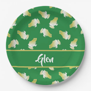 Gold frogs on green paper plate