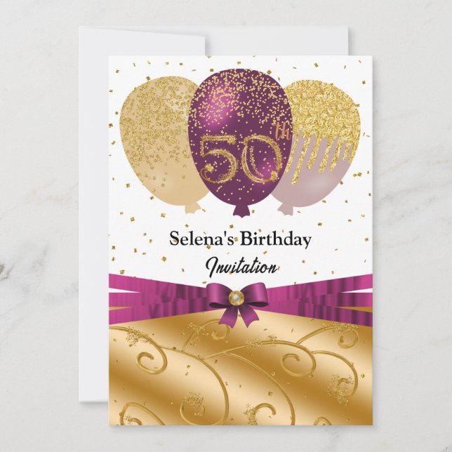 Gold, Fuchsia Balloons & Silk Ribbon 50th Birthday Invitation (Front)