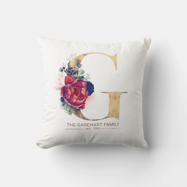 Gold G Monogram Floral Burgundy Red and Navy Blue Cushion (Front)