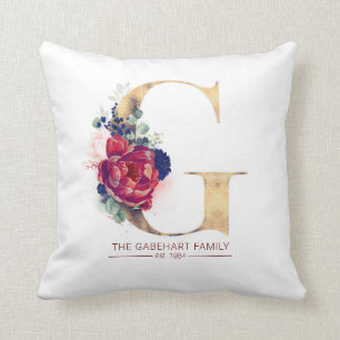 Gold G Monogram Floral Burgundy Red and Navy Blue Cushion