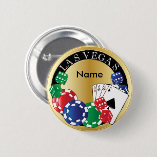 Gold Gambler Las Vegas - Dice, Cards, Poker Chips 6 Cm Round Badge