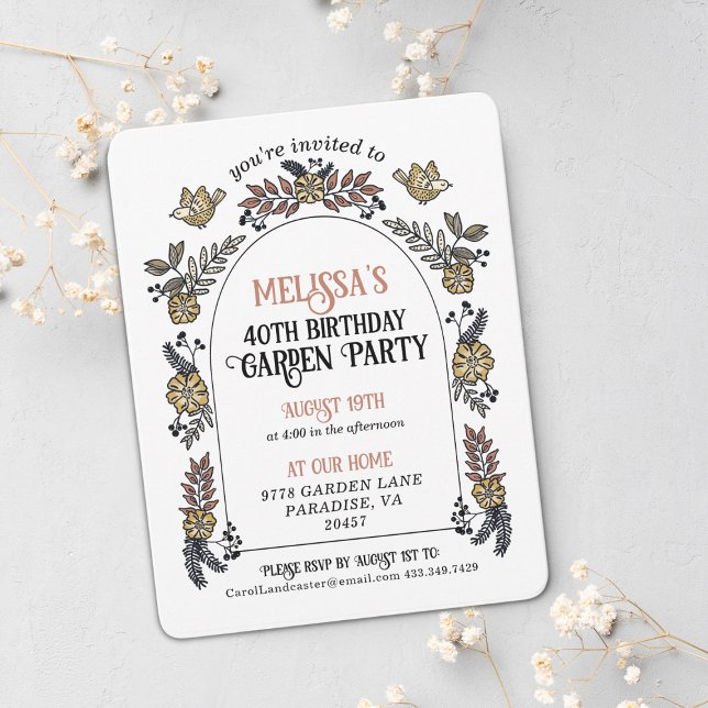 Gold Garden Party 40th Birthday Invitation (Cute hand drawn floral garden party birthday invitation.)