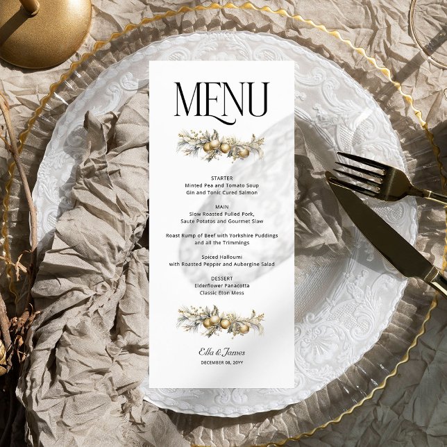 Gold Garland Holly and Ornaments Christmas Wedding Menu (Wedding Menu from the Holly Bells Wedding Collection by Darling and May)