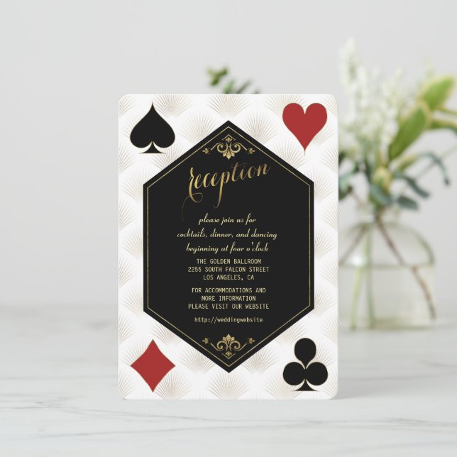 Gold Gatsby Casino Art Deco Wedding Reception Invitation (Standing Front)