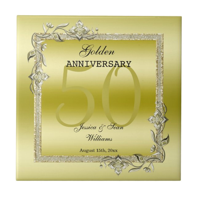 Gold Gem & Glitter 50th Golden Wedding Anniversary Ceramic Tile (Front)