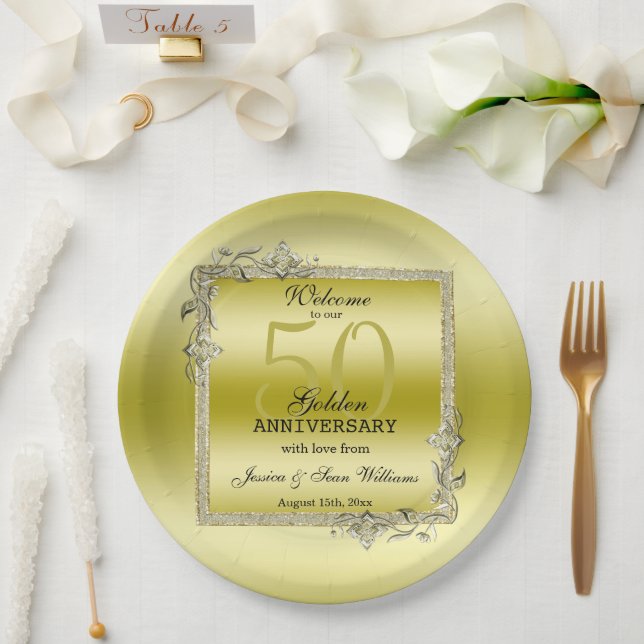 Gold Gem & Glitter 50th Golden Wedding Anniversary Paper Plate (Wedding)