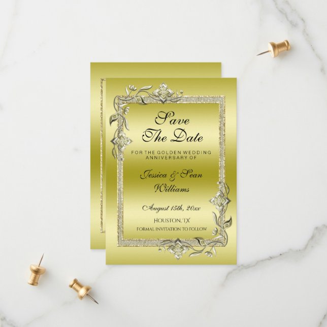 Gold Gem & Glitter 50th Golden Wedding Anniversary Save The Date (Front/Back In Situ)