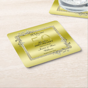 Gold Gem & Glitter 50th Golden Wedding Anniversary Square Paper Coaster