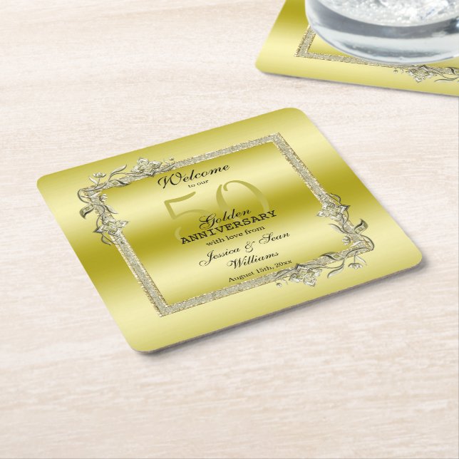 Gold Gem & Glitter 50th Golden Wedding Anniversary Square Paper Coaster (Angled)