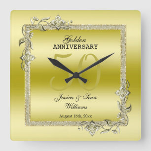 Gold Gem & Glitter 50th Golden Wedding Anniversary Square Wall Clock