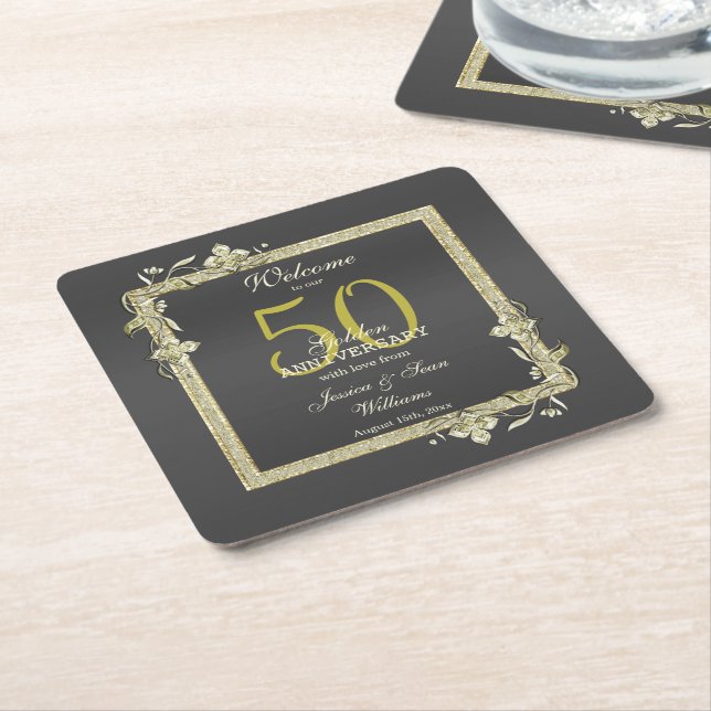 Gold Gem & Glitter 50th Golden Wedding  Square Paper Coaster (Angled)