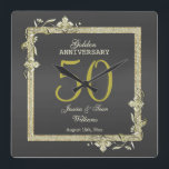 Gold Gem & Glitter 50th Golden Wedding  Square Wall Clock<br><div class="desc">Glamourous and elegant posh 50th Golden Wedding Anniversary wall clock with stylish gold gem stone jewels corner decorations and matching coloured glitter border frame printed on a black background. A romantic design for your celebration. All text, font and font colour is fully customisable to meet your requirements. If you would...</div>