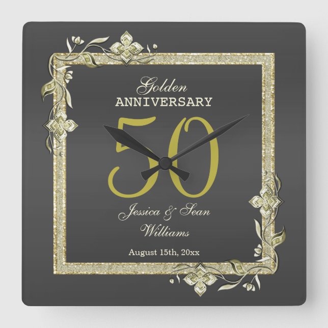 Gold Gem & Glitter 50th Golden Wedding  Square Wall Clock (Front)