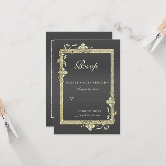 Gold Gem, Glitter & Black 50th Golden Wedding RSVP (Front/Back In Situ)