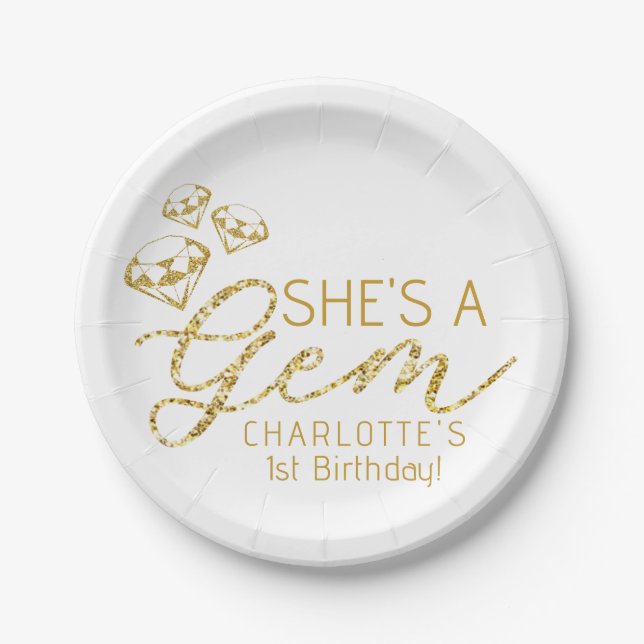 Gold Gem She Is a Gem Birthday Paper Plates (Front)