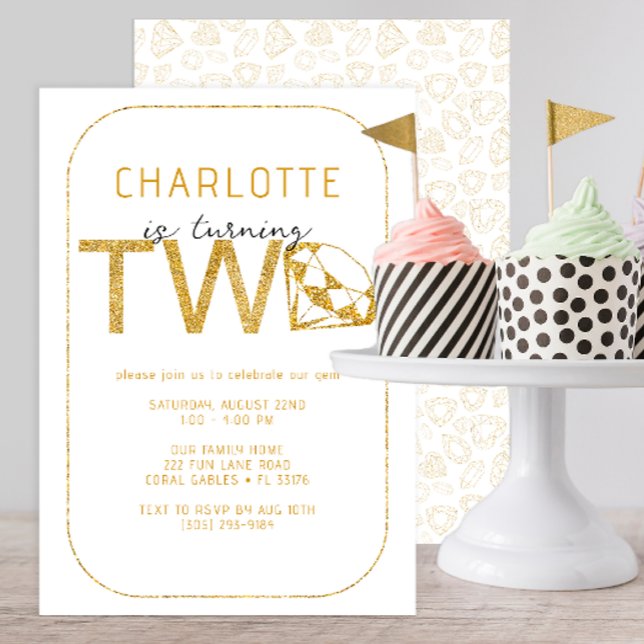 Gold Gem Sparkle 2nd Birthday Party Invitation (glitter gold 2nd birthday party invitation)