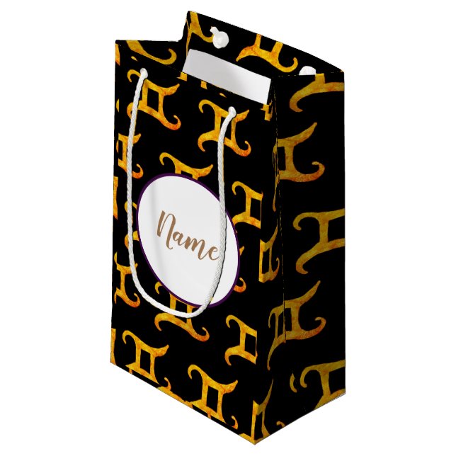 Gold Gemini Astrology Sign Personalised Small Gift Bag (Front Angled)