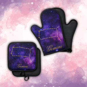 Gold Gemini Constellation on Dark Galaxy   Oven Mitt & Pot Holder Set