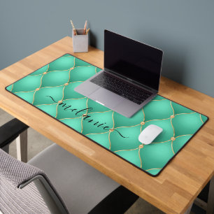 Gold Gemstone Tuft Teal Desk Mat with Custom Name