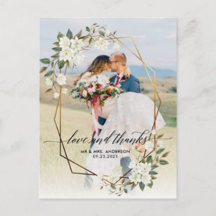 Gold Geo Frame Magnolia Photo Wedding Thank You Postcard