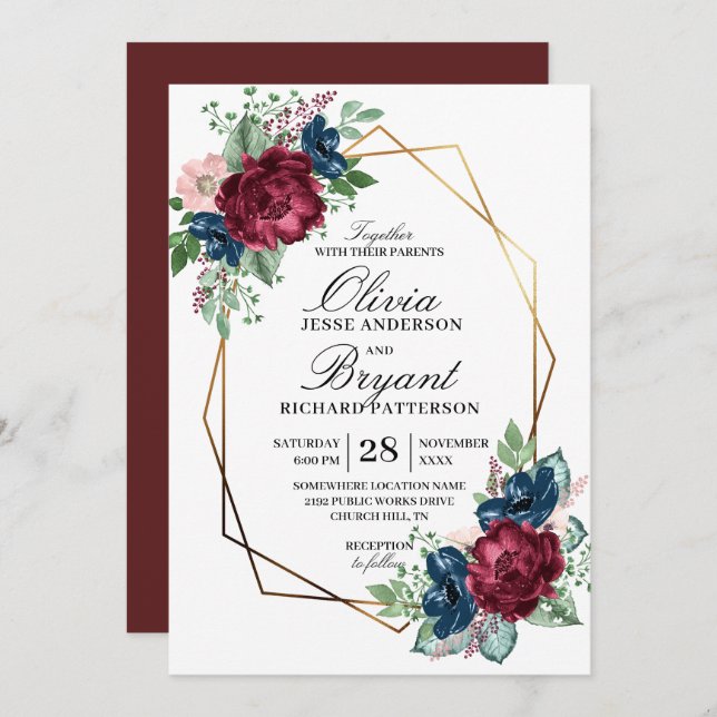 Gold Geo Navy Burgundy Floral Wedding Invitation (Front/Back)