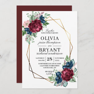 Gold Geo Navy Burgundy Floral Wedding Invitation