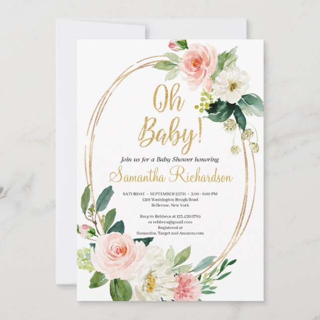 Gold Geometric ANd Greenery Foliage Boho Baby Invitation (Front)