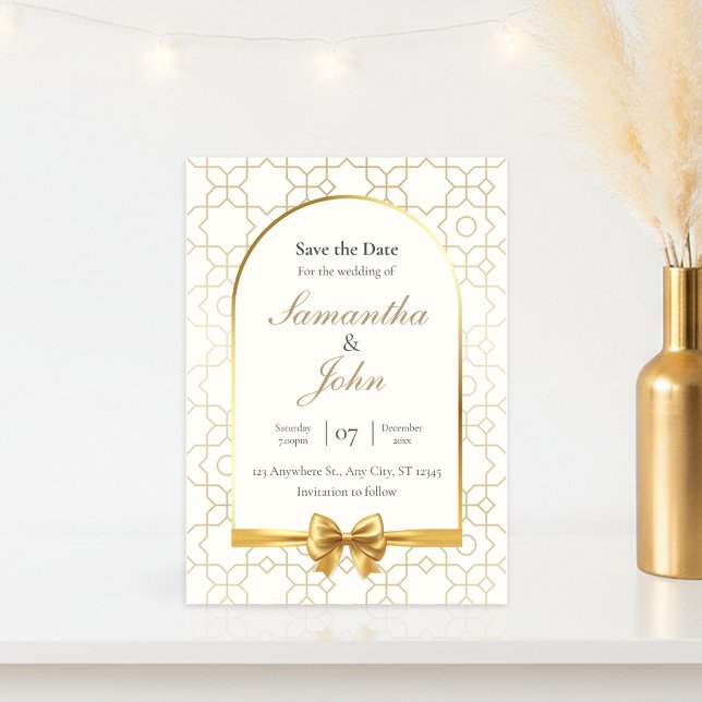 Gold Geometric Arch Photo Save the Date Cards (Gold & Ivory Geometric Art Deco Wedding Save the Date Card)