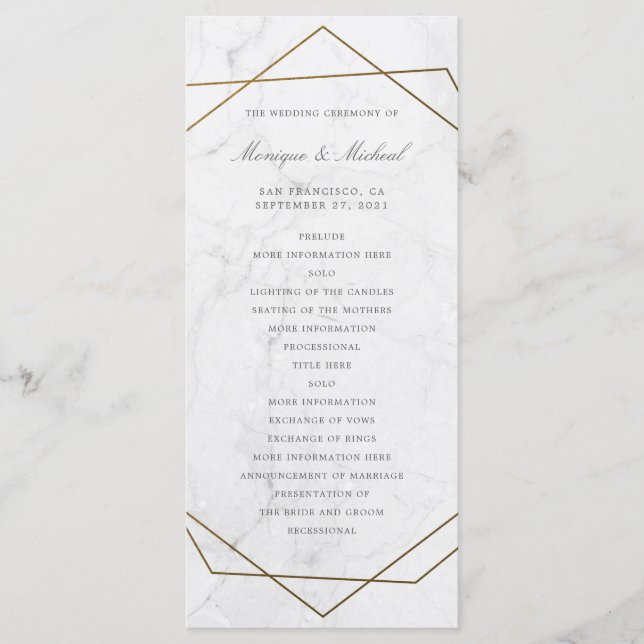 Gold Geometric Art Deco Marble Wedding Program (Front)