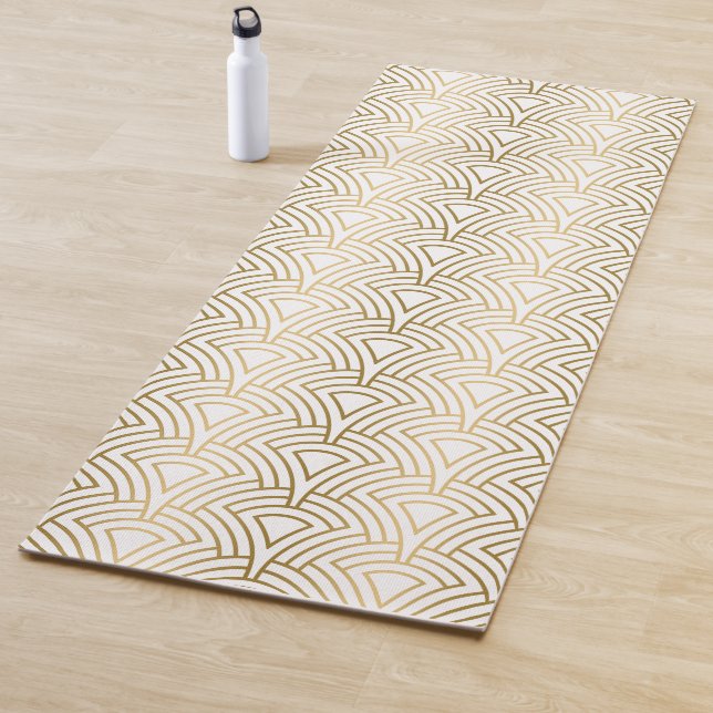 Gold geometric Art Deco pattern on white Yoga Mat (In Situ)