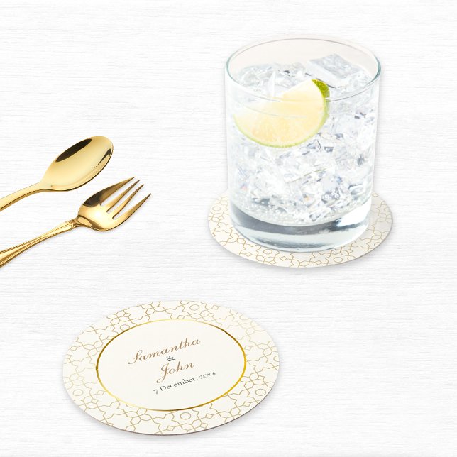 Gold Geometric Art Deco Pattern Wedding Round Paper Coaster (Gold & Ivory Geometric Art Deco Wedding Paper Coasters)