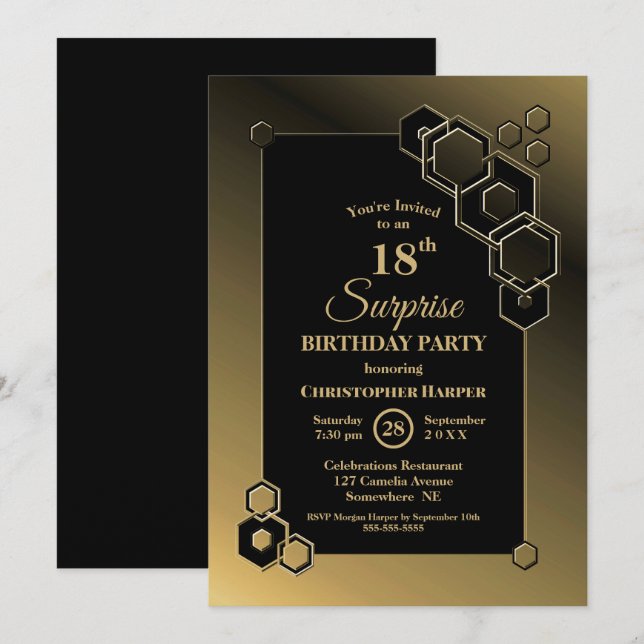 Gold Geometric Black Surprise 18th Birthday Party Invitation (Front/Back)